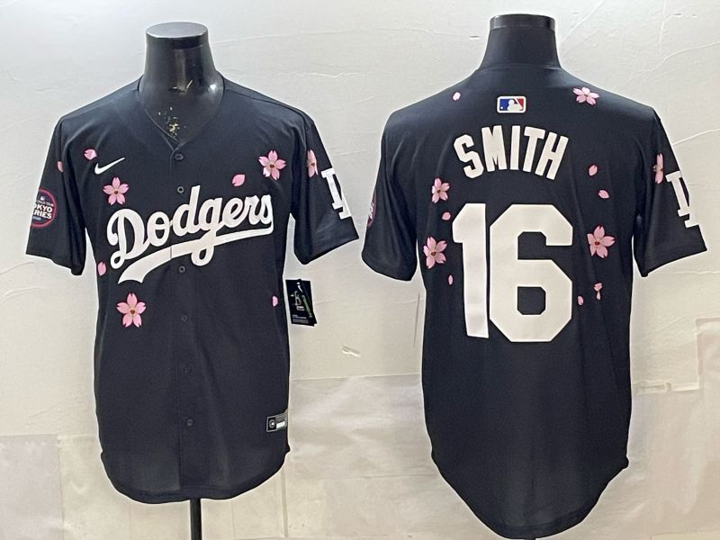 Men Los Angeles Dodgers #16 Smith Black Sakura Edition 2025 Nike MLB Jersey style 1